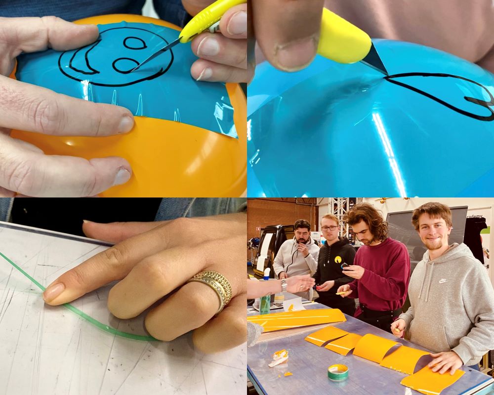 Cursisten leren meerdere snijtechnieken voor de afwerking van folies aan tijdens de Appcademy signmaker workshop