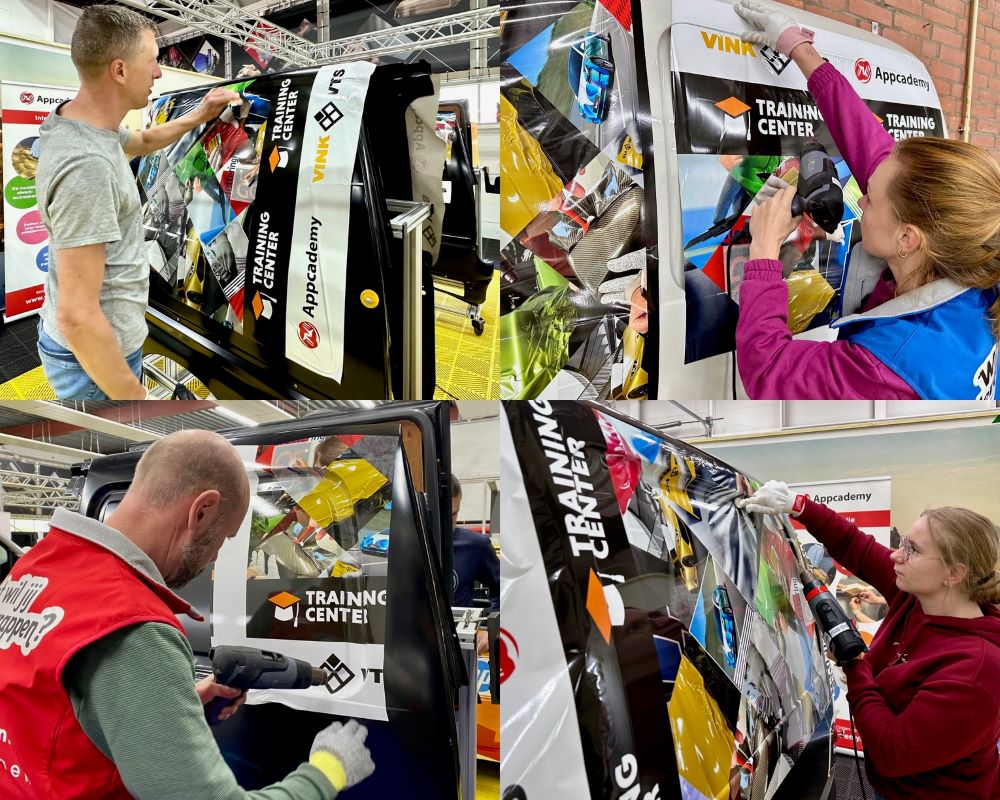 Cursisten leren hoe je prints of printfolie en carwrapfolie moet wrappen in diepe profileringen bij bedrijfswagens tijdens Appcademy signmaker training en opleiding