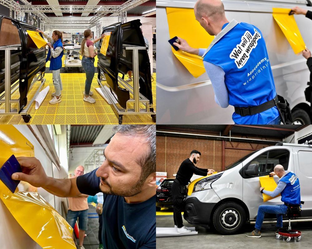 Cursisten plakken zelfklevende kleurfolies op vlakke en gebogen carrosserie delen tijdens de Appcademy signmaker training