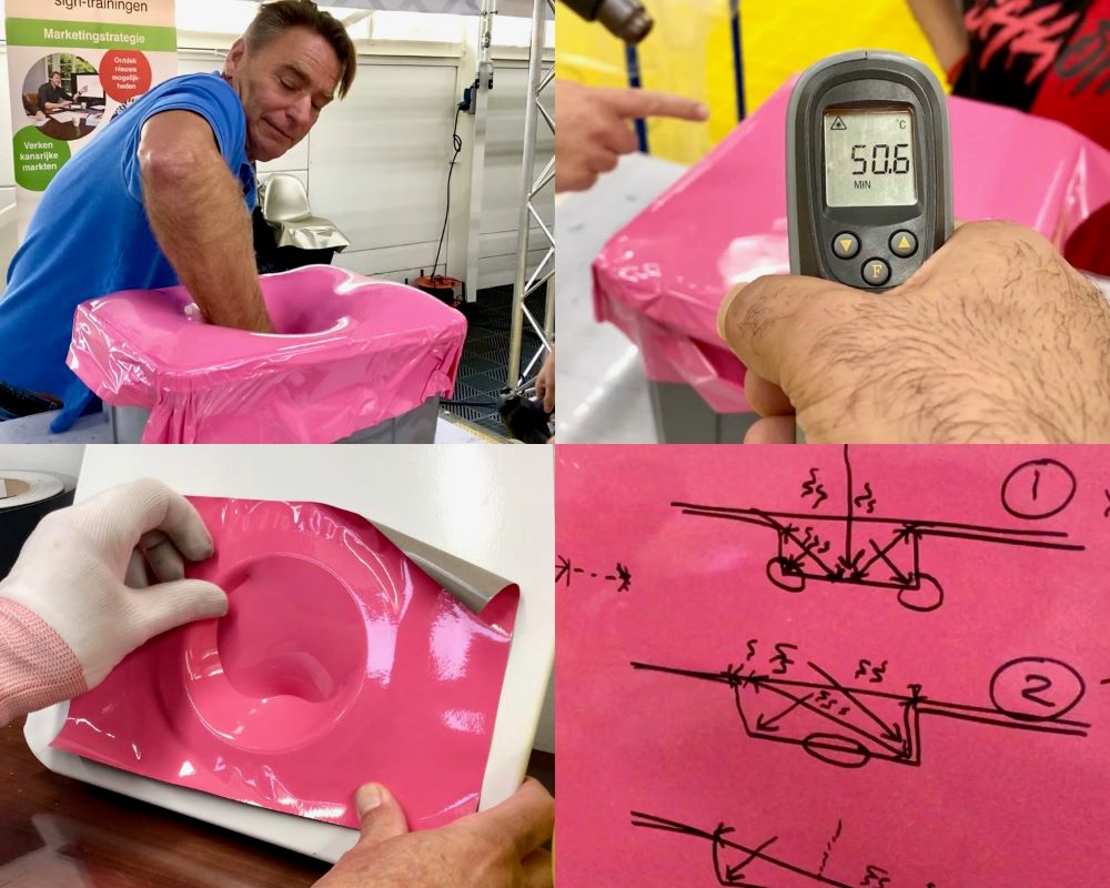 Cursist doet een oefening waarbij de grenzen van rekbaarheid en andere producteigenschappen van folie verkend worden tijdens Appcademy opleiding signmaker cursus