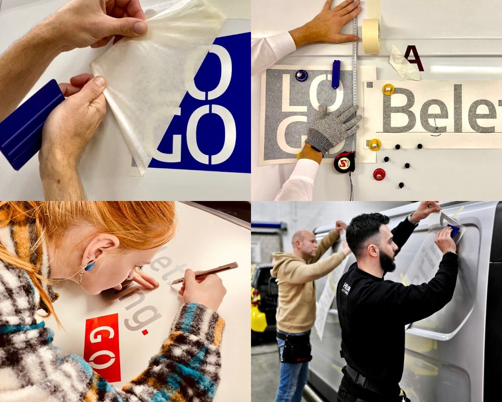 Cursisten doen diverse handelingen rond het plakken van logo`s en belettering tijdens de Appcademy signmaker training