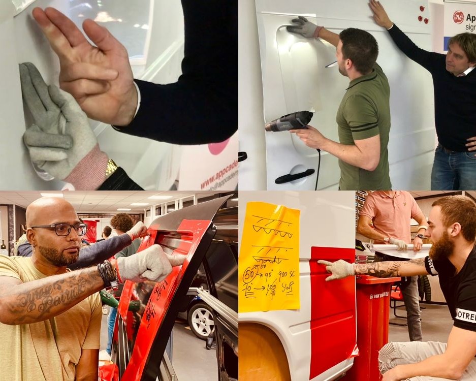 Trainer en cursisten wrappen printfolies en carwrapfolies in diepe profileringen bij bedrijfswagens tijdens Appcademy signmaker opleiding