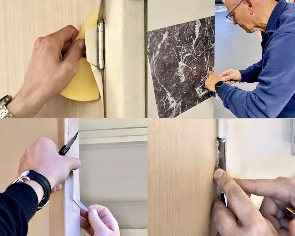 Handen van cursisten werken wrapfolie af langs deurscharnieren tijdens de Appcademy opleiding interieurfolie en keukens plakken