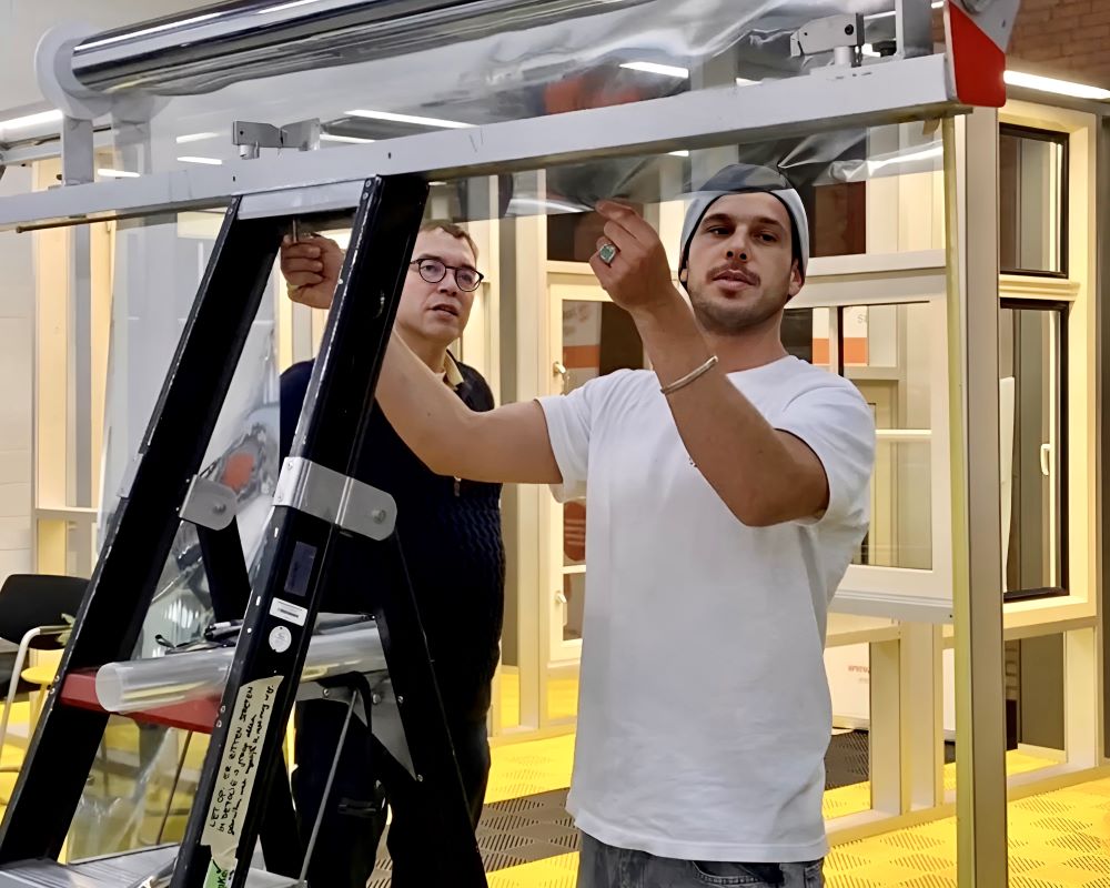 Cursist snijdt raamfolie op maat met folie dispencer en toekijkende trainer tijdens Appcademy Architectural Windowfilm cursus
