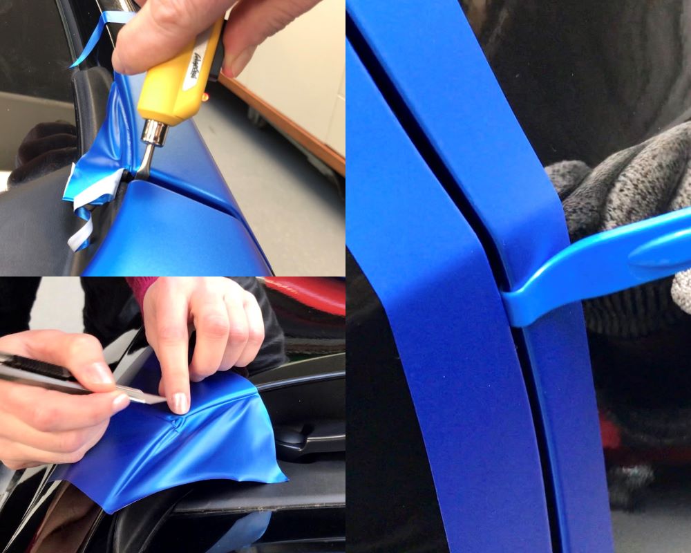 Overzichtsfoto met diverse afwerktechnieken t.b.v. folienaden, randen en hoeken tijdens de Appcademy signmaker advanced cursus