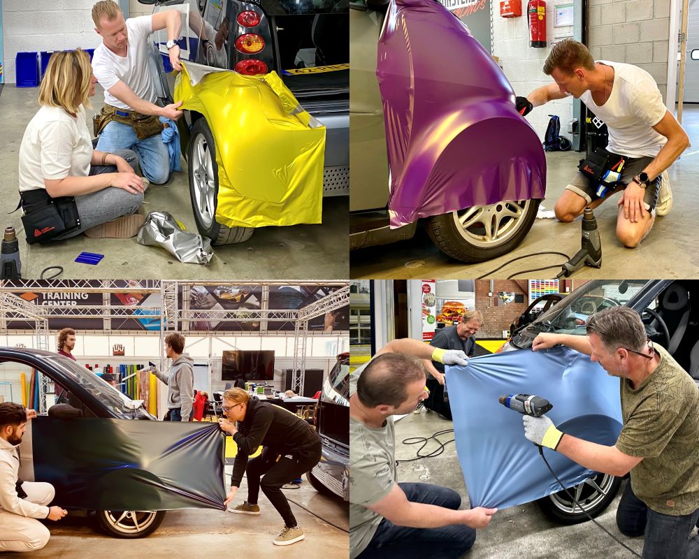 Cursisten wrappen auto’s tijdens Appcademy carwrap cursus
