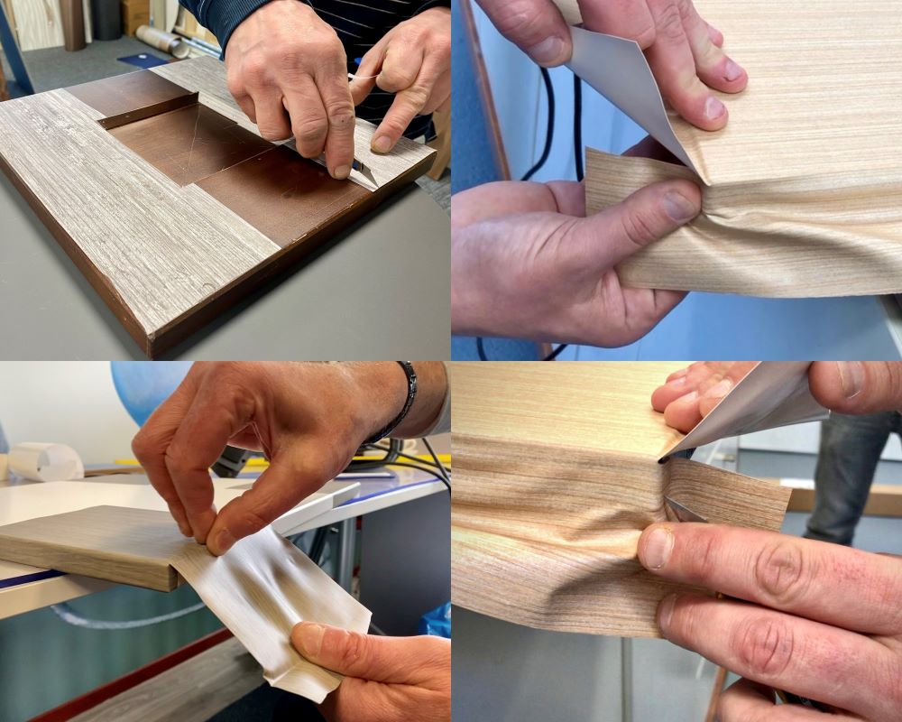 Cursist werkt interieurfolie netjes af op panelen en deuren als praktijkoefening tijdens de Appcademy training keukens wrappen