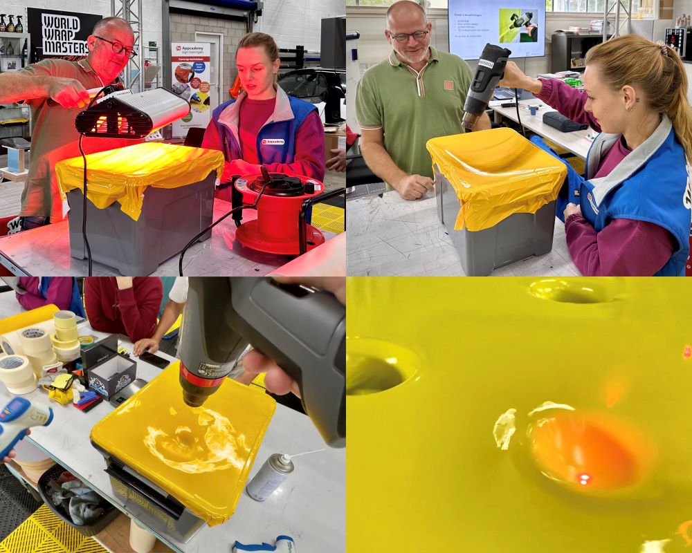 Cursisten testen de grenzen van rekbaarheid en overige producteigenschappen van zelfklevende folie verkend tijdens de Appcademy signmaker advanced cursus