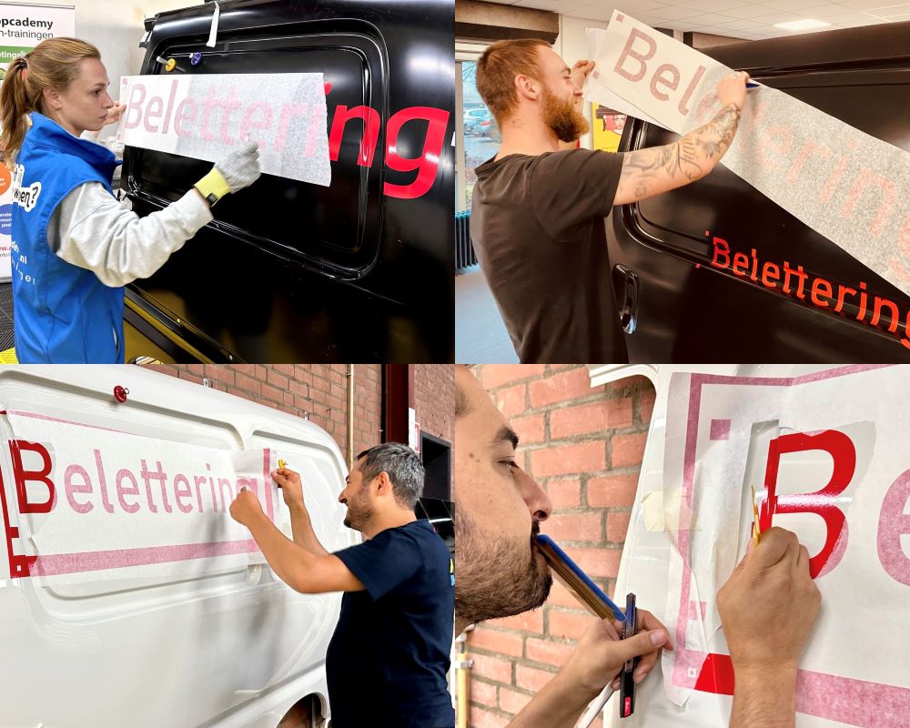 Cursisten brengen belettering aan op complexe ondergronden tijdens de Appcademy signmaker advanced cursus