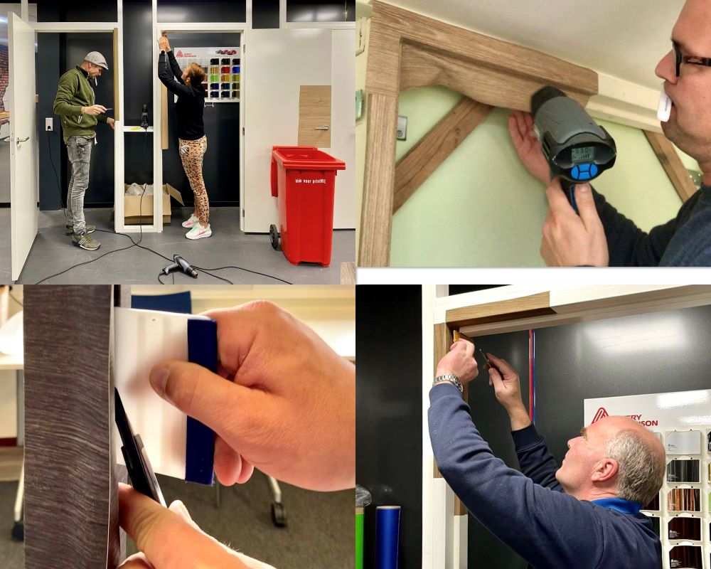 Cursisten beplakken kozijnen als praktijkoefening tijdens de Appcademy training interieurfolie en keukens wrappen