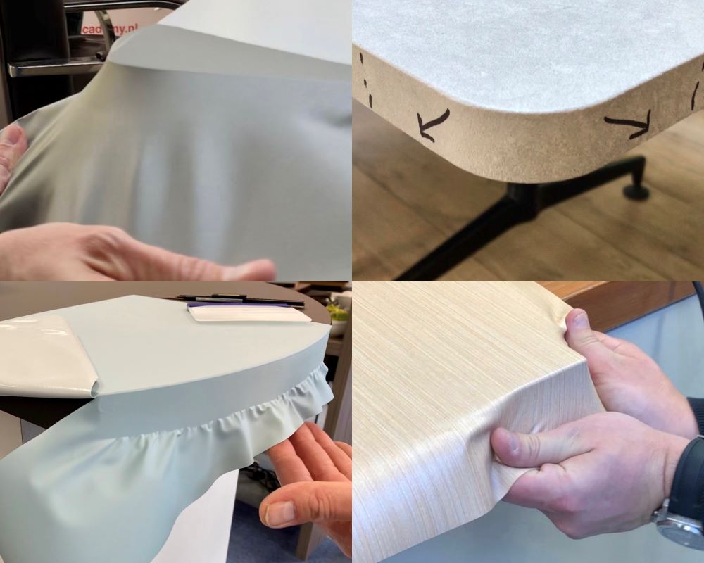 Cursist wrapt interieurfolie verwarmd over de zijkanten van een tafelblad als praktijkoefening tijdens de Appcademy training interieurfolie en keukens wrappen