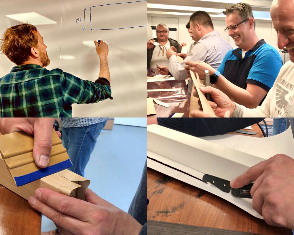 Overzichtsfoto van cursisten en trainer bij diverse praktijkoefeningen tijdens de Appcademy cursus interieurfolie en keukens wrappen