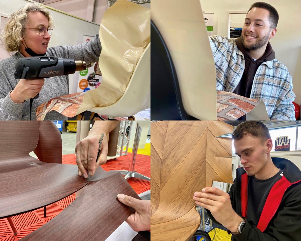 Cursisten wrappen stoelen tijdens de Appcademy cursus opleiding interieurfolie en keukens wrappen