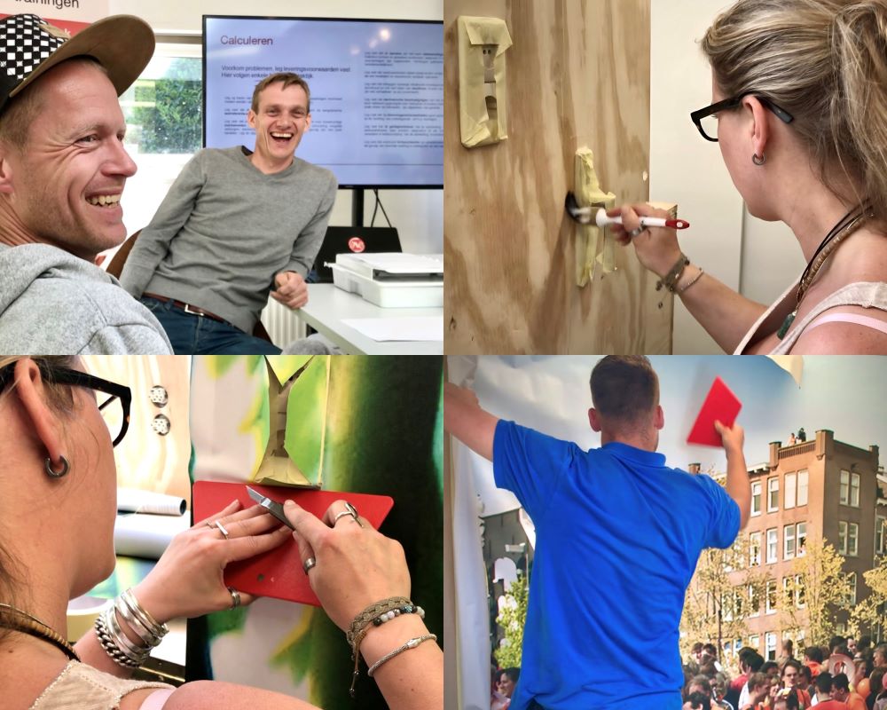 Cursisten oefenen verschillende montage handelingen voor naadloos fotobehang plakken tijdens Appcademy Naadloos fotobehang cursus