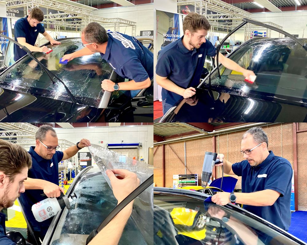 Collage met foto`s van trainers die demo`s geven tijdens Appcademy Automotive Windowfilm workshop