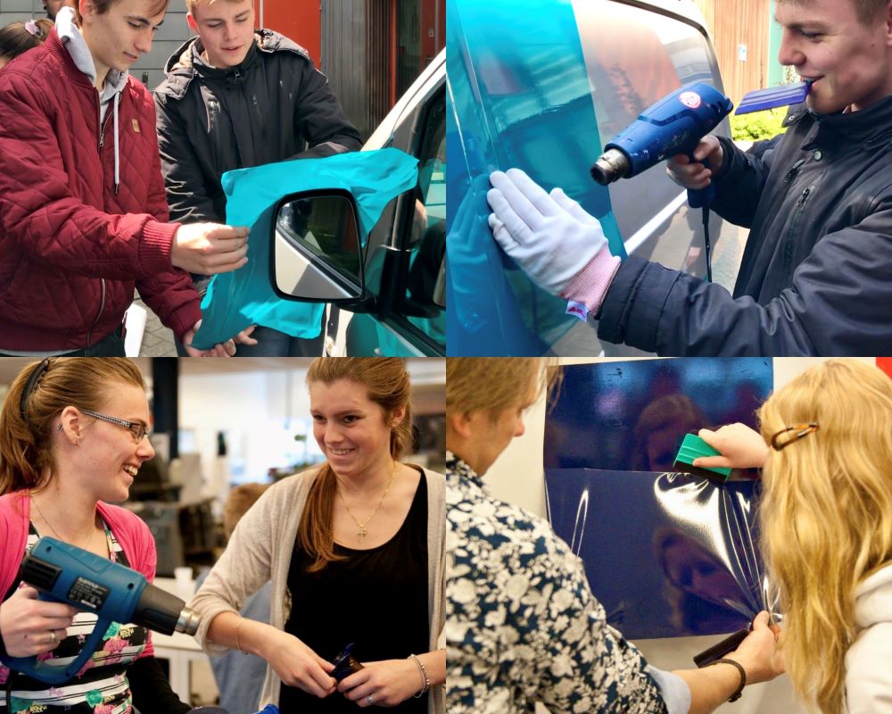 Studenten middelbaar beroepsonderwijs doen praktijkoefeningen folie montage tijdens Appcademy workshop en gastcollege op ROC / MBO opleiding signmaker