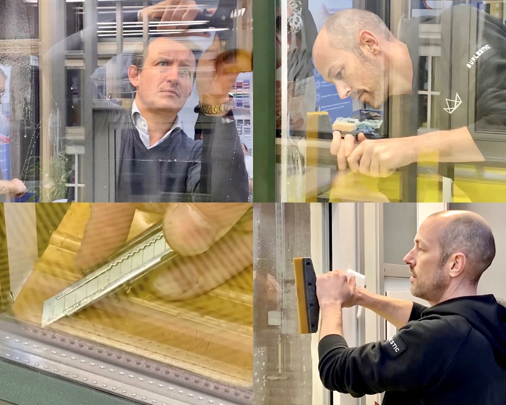 Cursisten doen praktijkoefeningen raamfolie plakken op verticaal glas als praktijkoefening tijdens Appcademy Architectural Windowfilm workshop