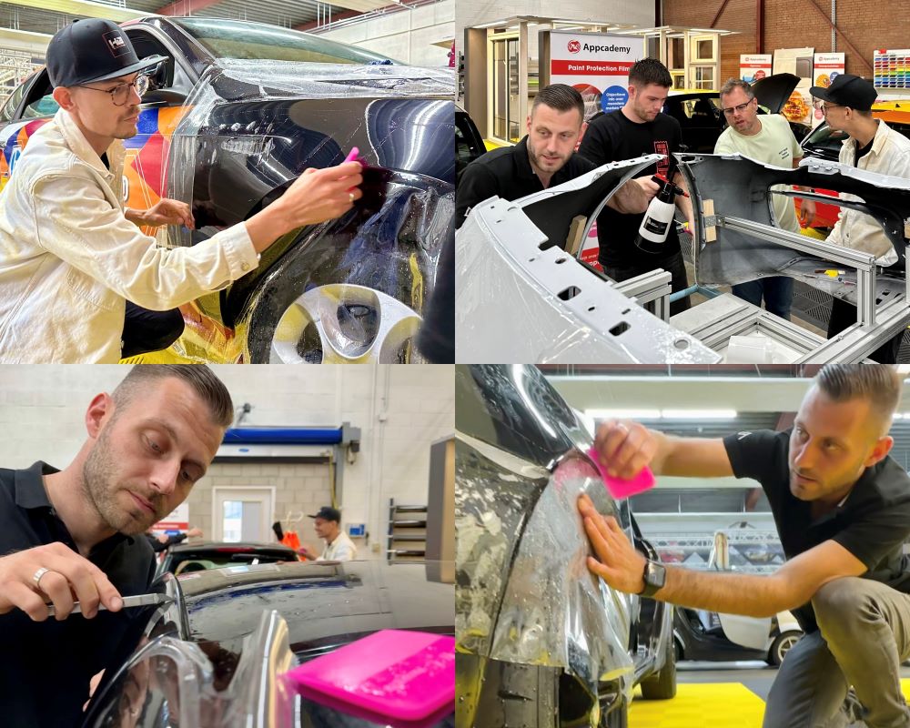 Cursisten plakken PPF op o.a. bumper en zijscherm tijdens Appcademy Paint Protection Film cursus